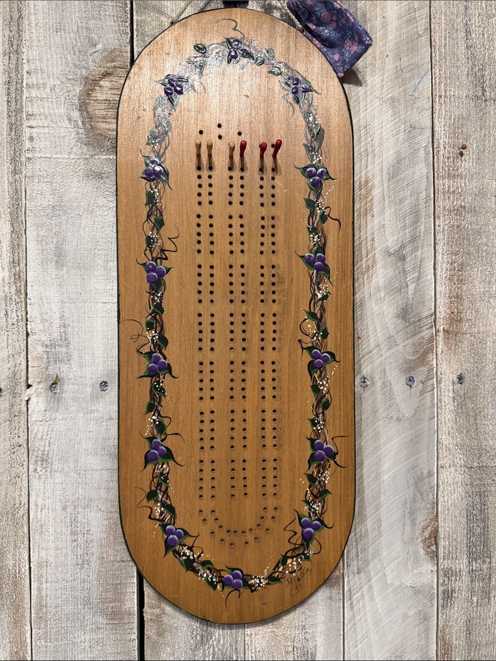 Vintage Signed Folk Art Continuous Multi Player Hand Crafted Cribbage Board